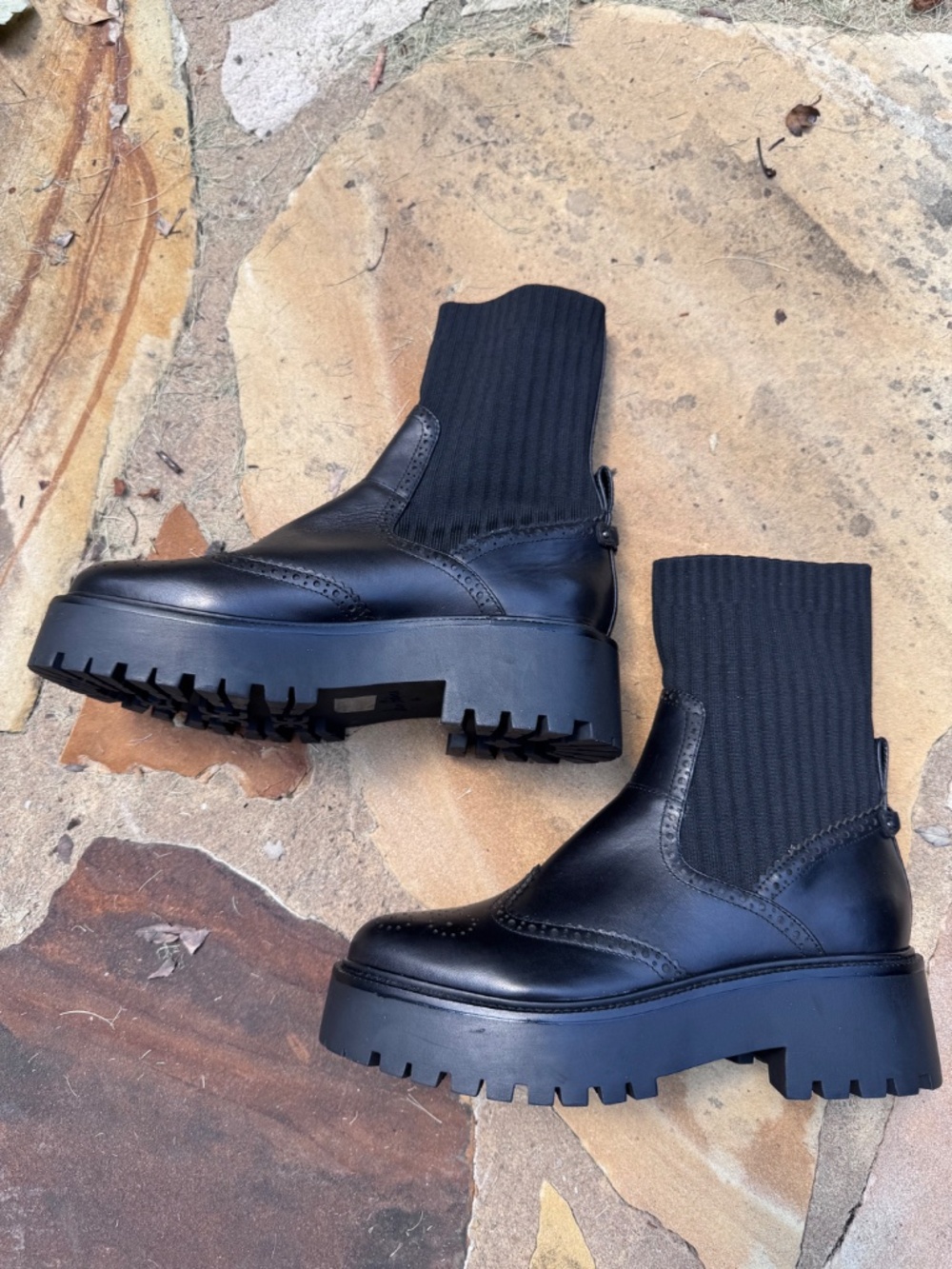 Sam Edelman Elly Black Leather Lug-Sole Sock Boots Size 8.5 - Picture 2 of 12